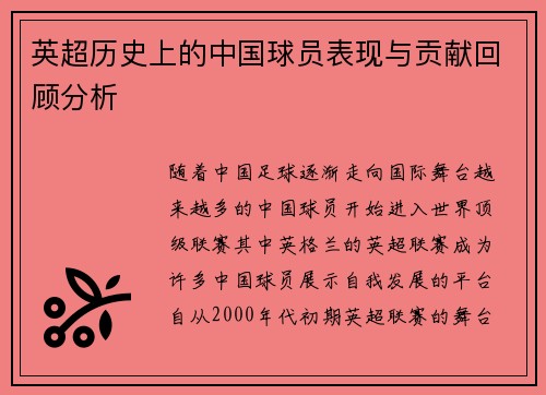 英超历史上的中国球员表现与贡献回顾分析