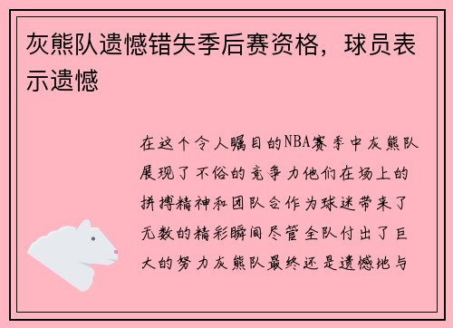 灰熊队遗憾错失季后赛资格，球员表示遗憾